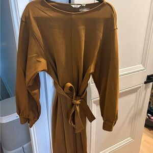 NWT Uniqlo Belted Long Sleeve Brown Dress